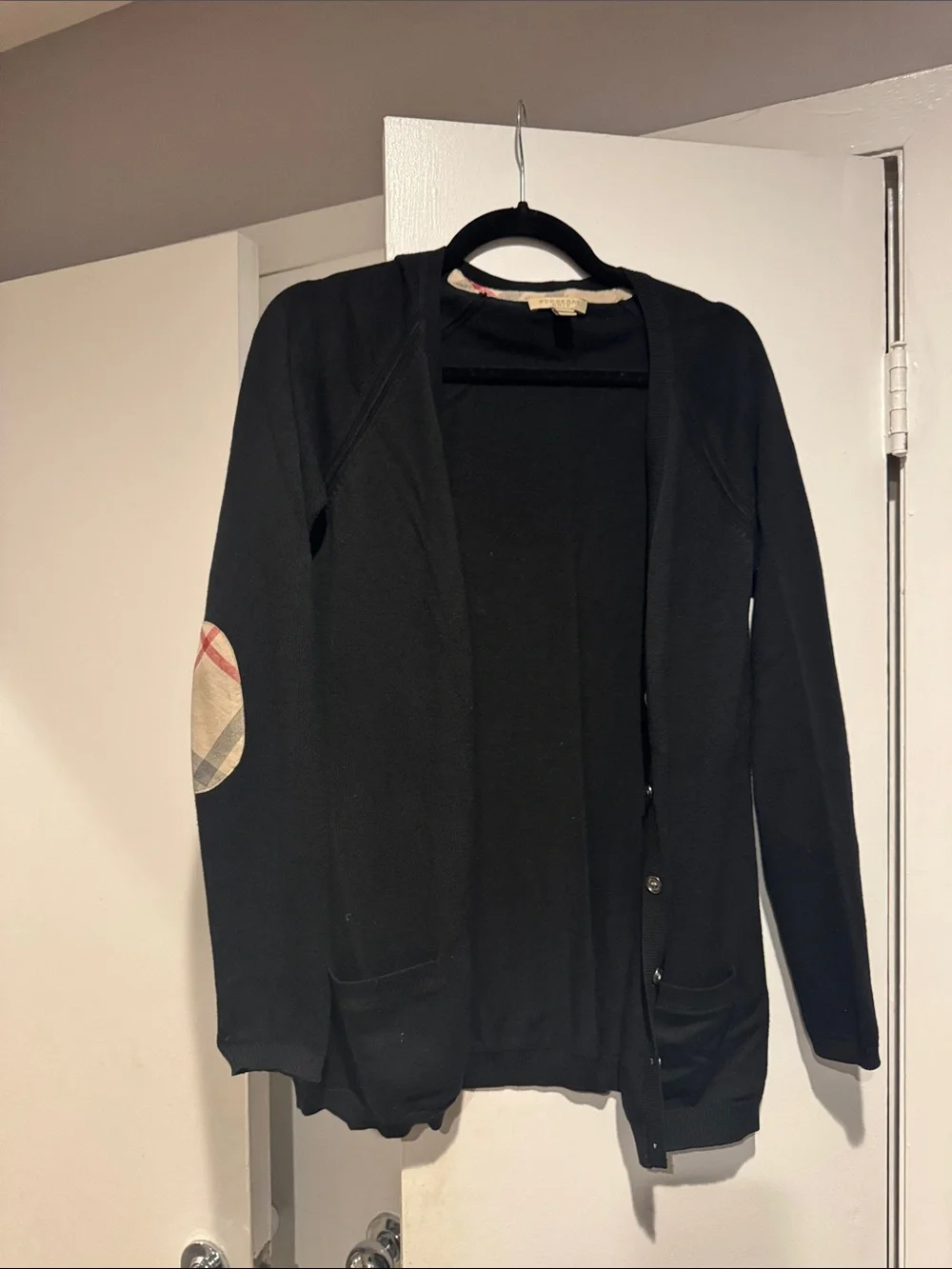 Burberry Black Cardigan with Signature Check Elbow Patches